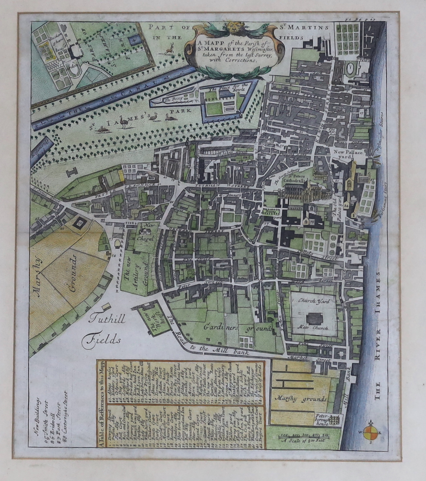 John Strype (1634-1737), antique hand coloured engraving, map, The Parish of St Margarets, Westminster, circa 1755, 36cm x 31cm